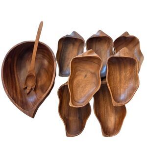 Vintage 70's Monkey Pod Salad Set 9 Piece Serving Bowl 7 Bowls & Serving Spork
